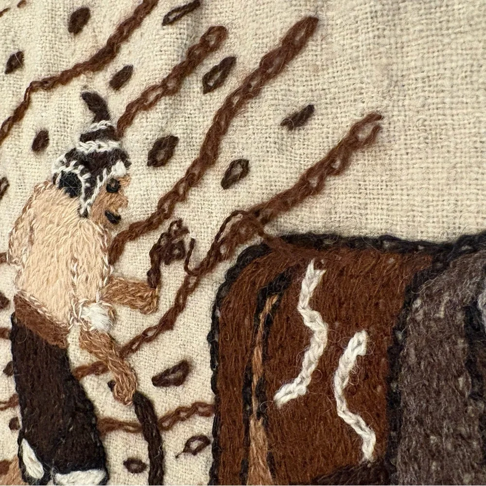 Vintage Folk Art Embroidery Peruvian Wall Tapestry Peru Artisan Fishing Farming
